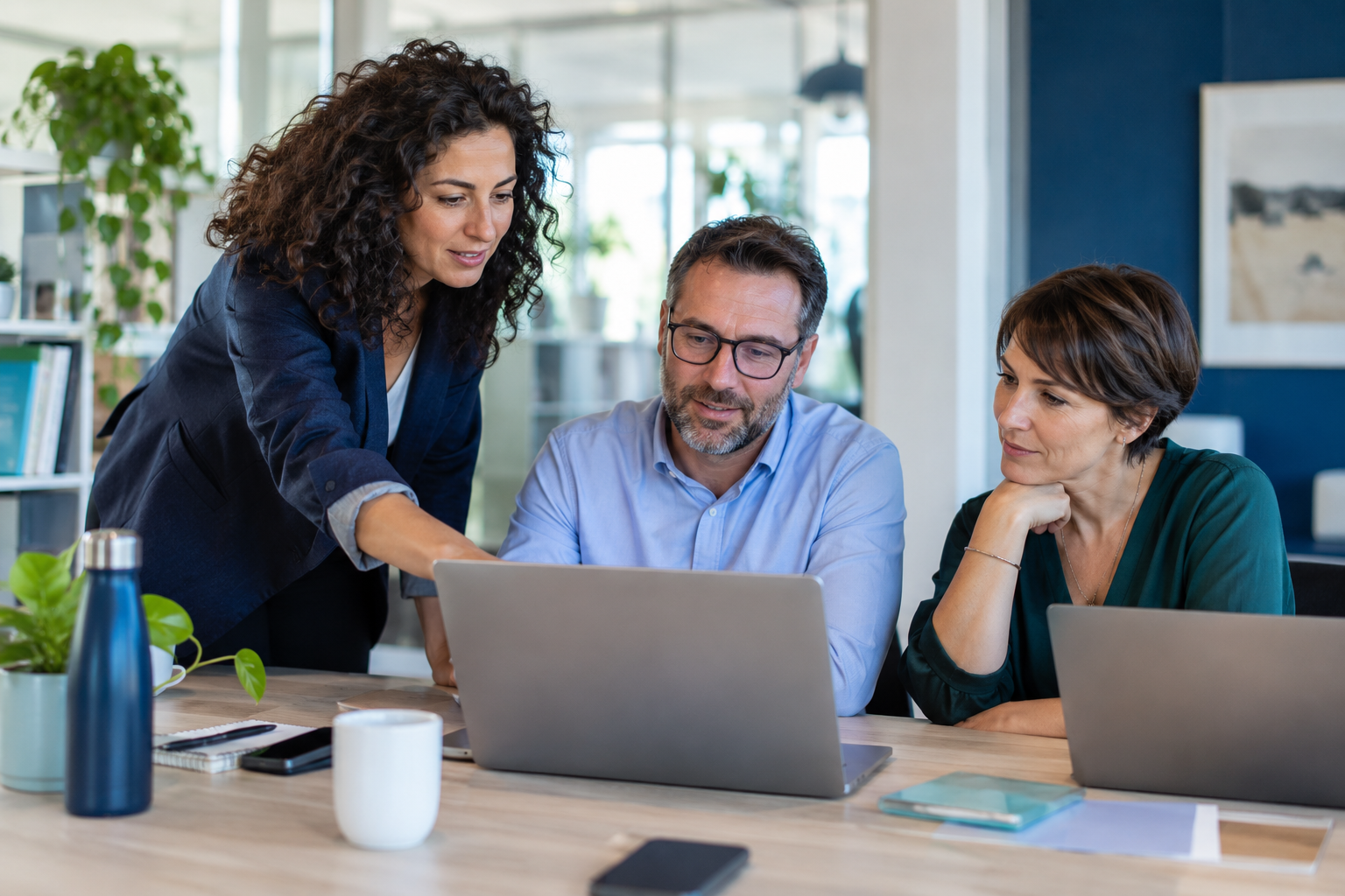 Trois collaborateurs adultes utilisent une plateforme en ligne depuis leurs ordinateurs